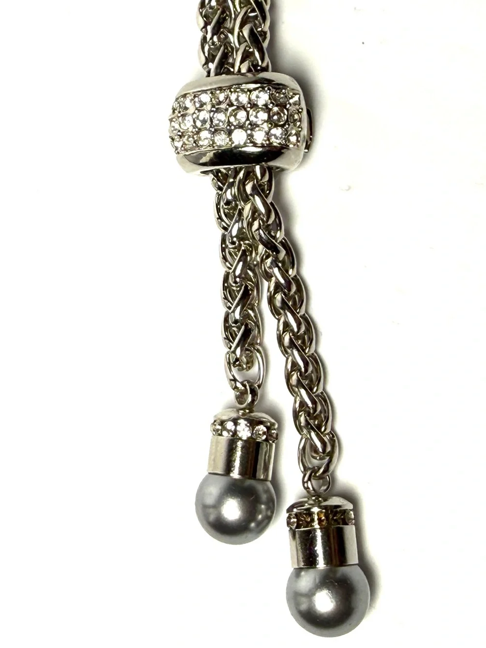 Silver Crystal Pavé Bead Chain Bolo Necklace